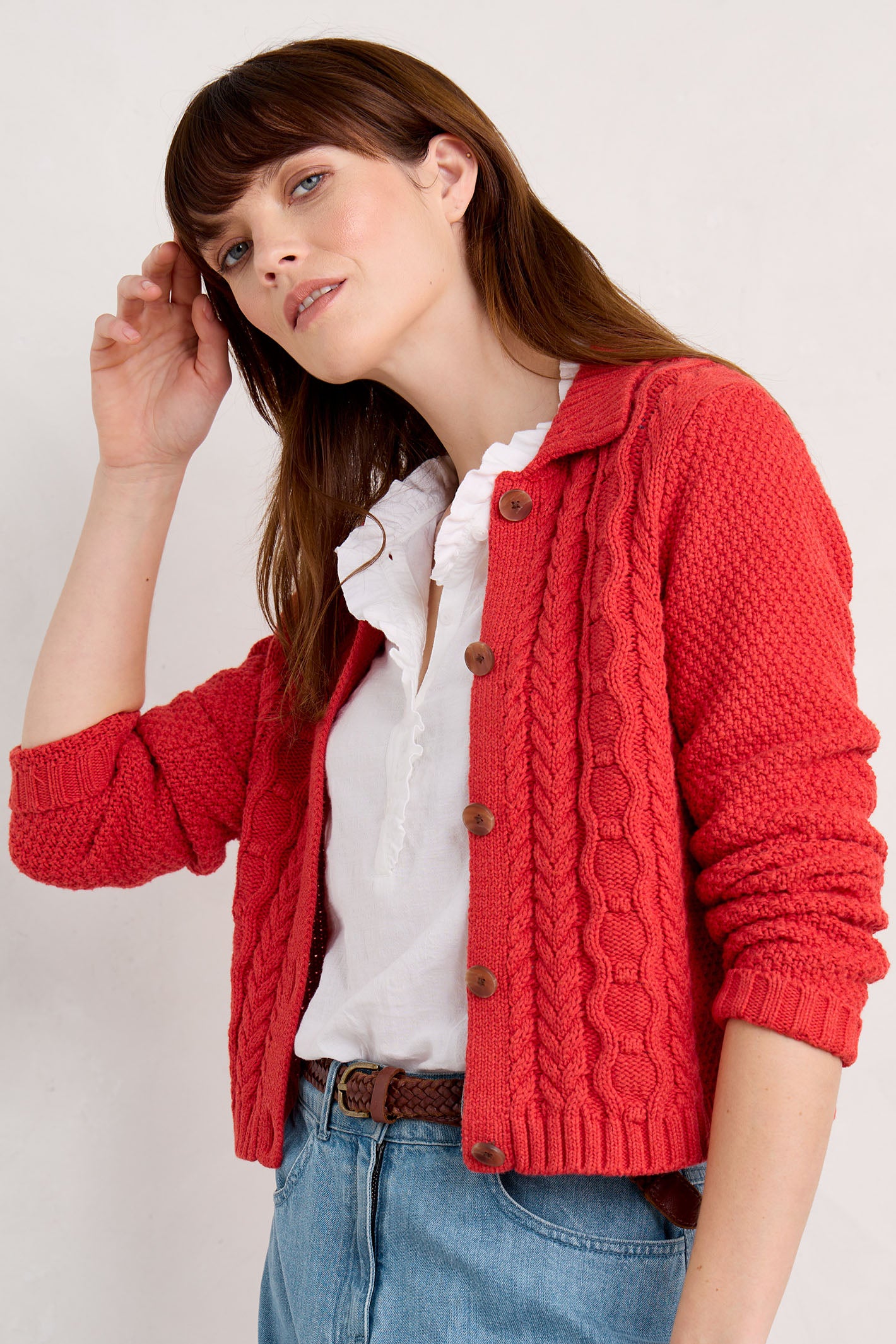 Seasalt Forest Ridge Red Tomato Melange Cable Knit Collared Cardigan