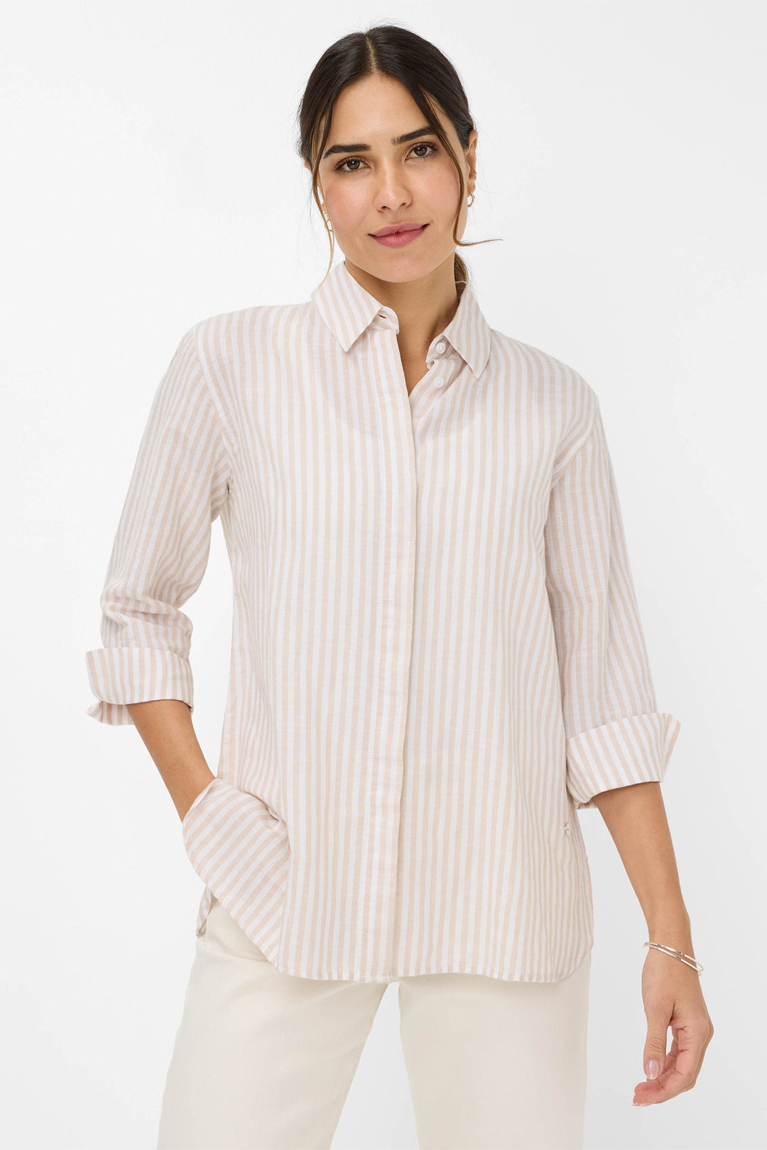 Brax Shirt Vicki Beige Stripe Cotton Linen Mix 41-7568 094110200 54 - Shirley Allum Boutique