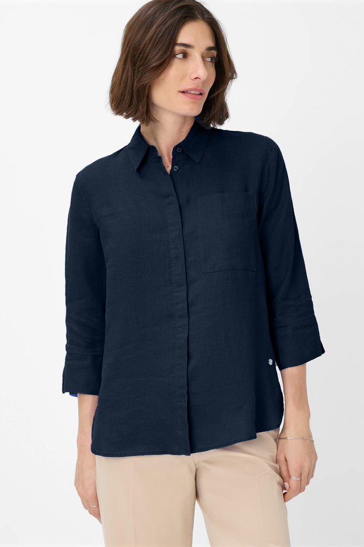 Brax Shirt Vicki Navy Pure Linen 41-7038 094110200 22 - Shirley Allum Boutique