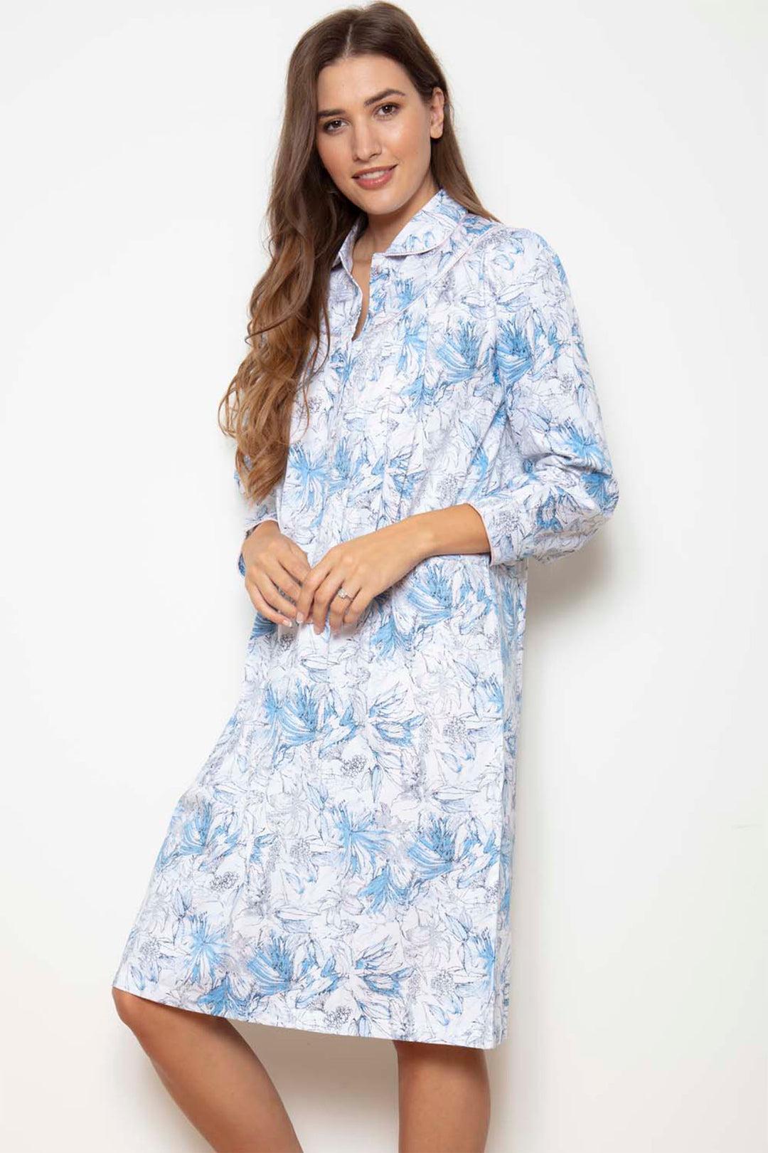 Cottonreal Barbara Blue Grand Leaf Cotton Sateen Nightdress - Shirley Allum Boutique