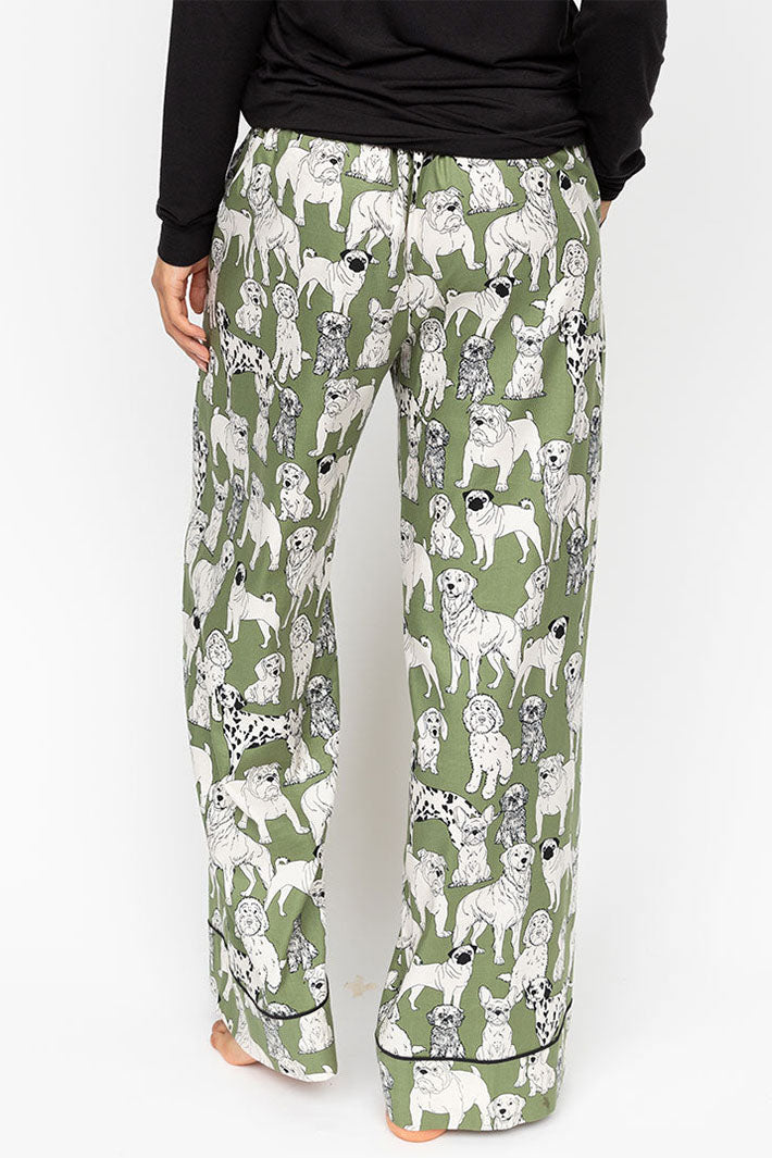 Cyberjammies Nancy Pyjama Bottoms Sage Green Dog Print Wide Leg 0655 - Shirley Allum Boutique