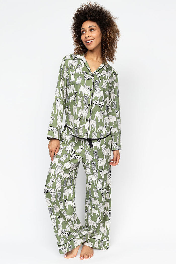 Cyberjammies Nancy Pyjama Bottoms Sage Green Dog Print Wide Leg 0655 - Shirley Allum Boutique