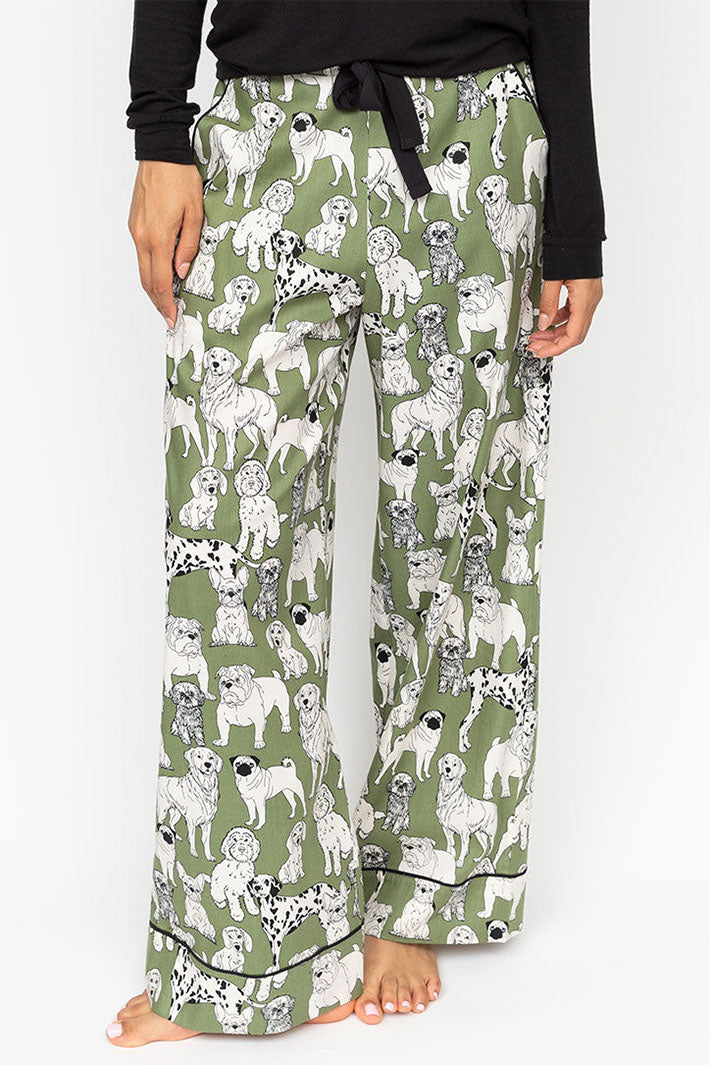 Cyberjammies Nancy Pyjama Bottoms Sage Green Dog Print Wide Leg 0655 - Shirley Allum Boutique