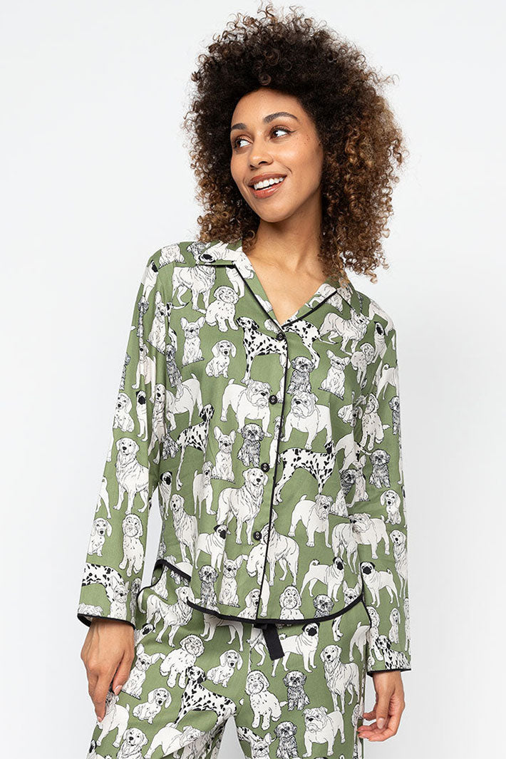 Cyberjammies Nancy Pyjama Top Sage Green Dog Print Long Sleeve 0654 - Shirley Allum Boutique