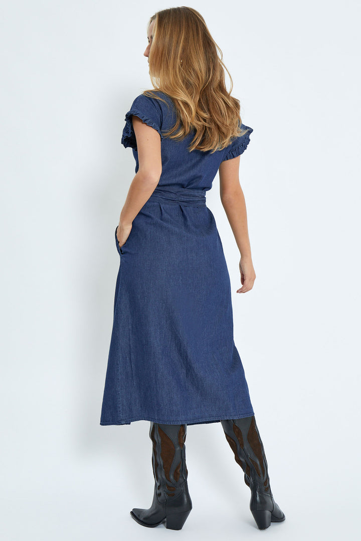 Desires Dress DSDarlene Frill Midi Mid Blue Denim DE9329 - Shirley Allum Boutique