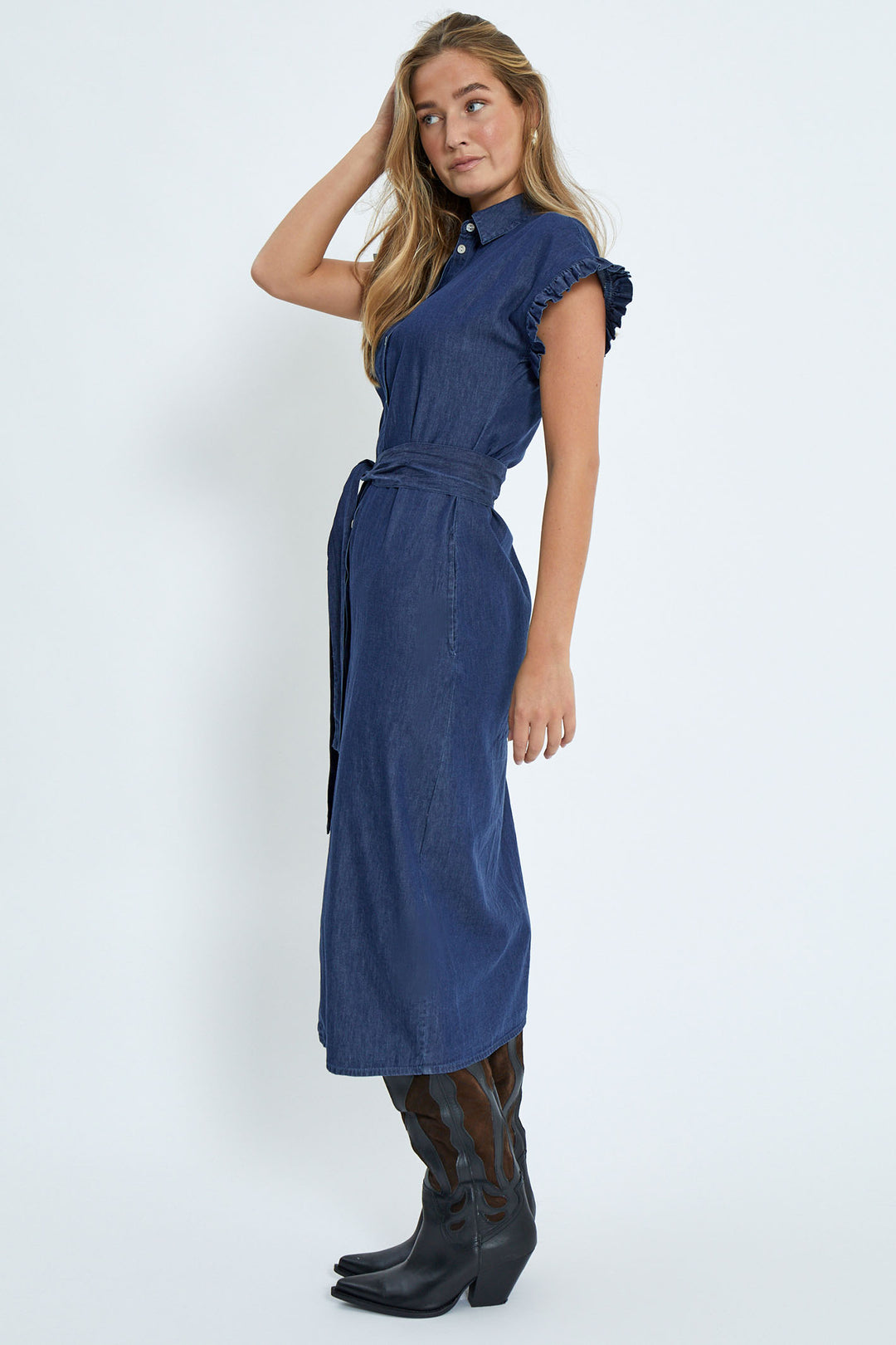 Desires Dress DSDarlene Frill Midi Mid Blue Denim DE9329 - Shirley Allum Boutique