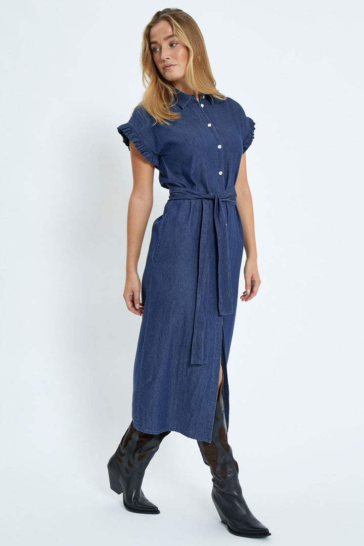 Desires Dress DSDarlene Frill Midi Mid Blue Denim DE9329 - Shirley Allum Boutique