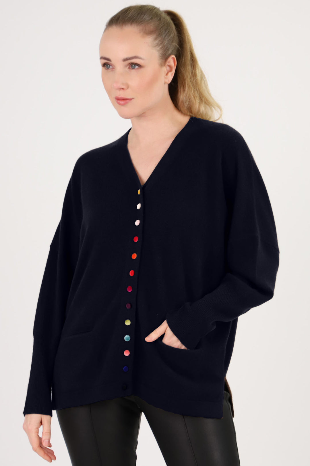 Estheme Cashmere Cardigan Navy Oversized Coloured Buttons JF4W036C 7544 - Shirley Allum Boutique