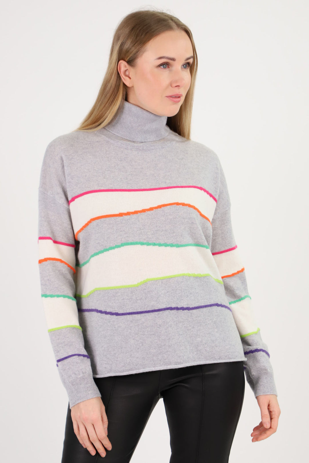 Estheme Cashmere Jumper FogCreme Roll Neck Stripe CKH4023C 12368322 - Shirley Allum Boutique