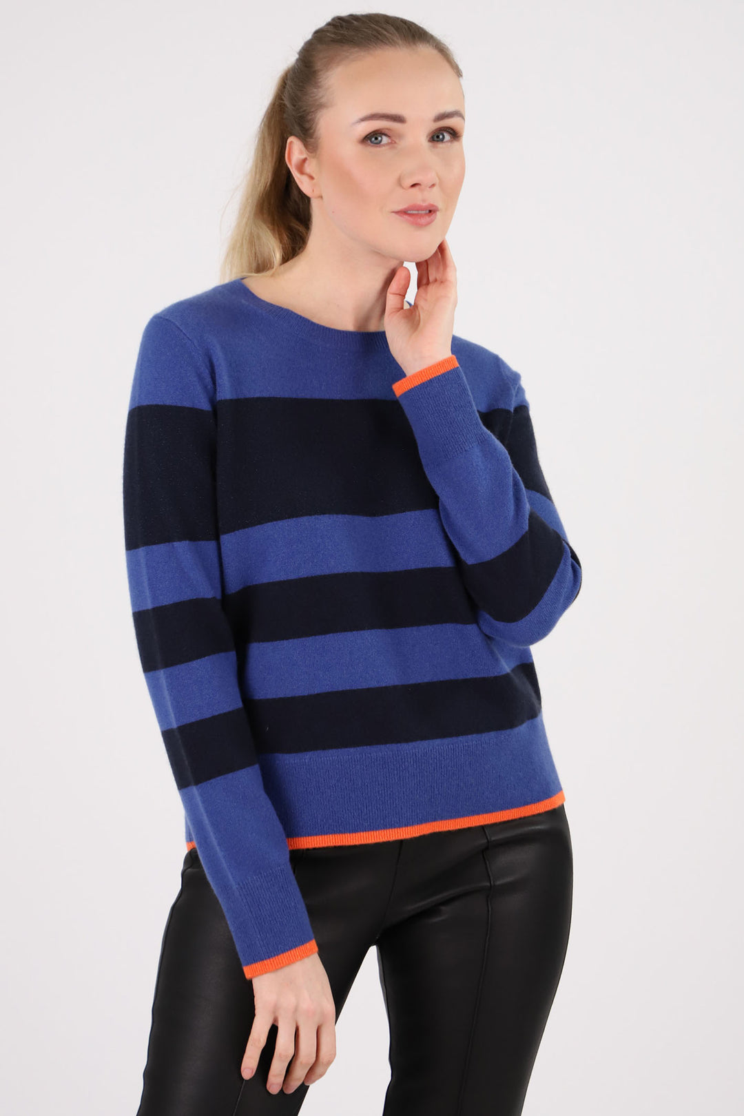 Estheme Cashmere Jumper Navy & Blue Contrasting Stripe CKH4036C 13587544 - Shirley Allum Boutique