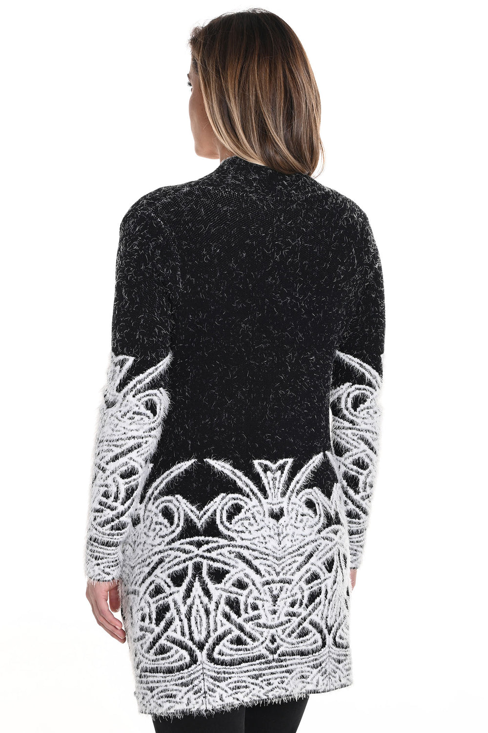 Frank Lyman Cardigan Long Black Off White Open Front 243512U 1004 - Shirley Allum Boutique