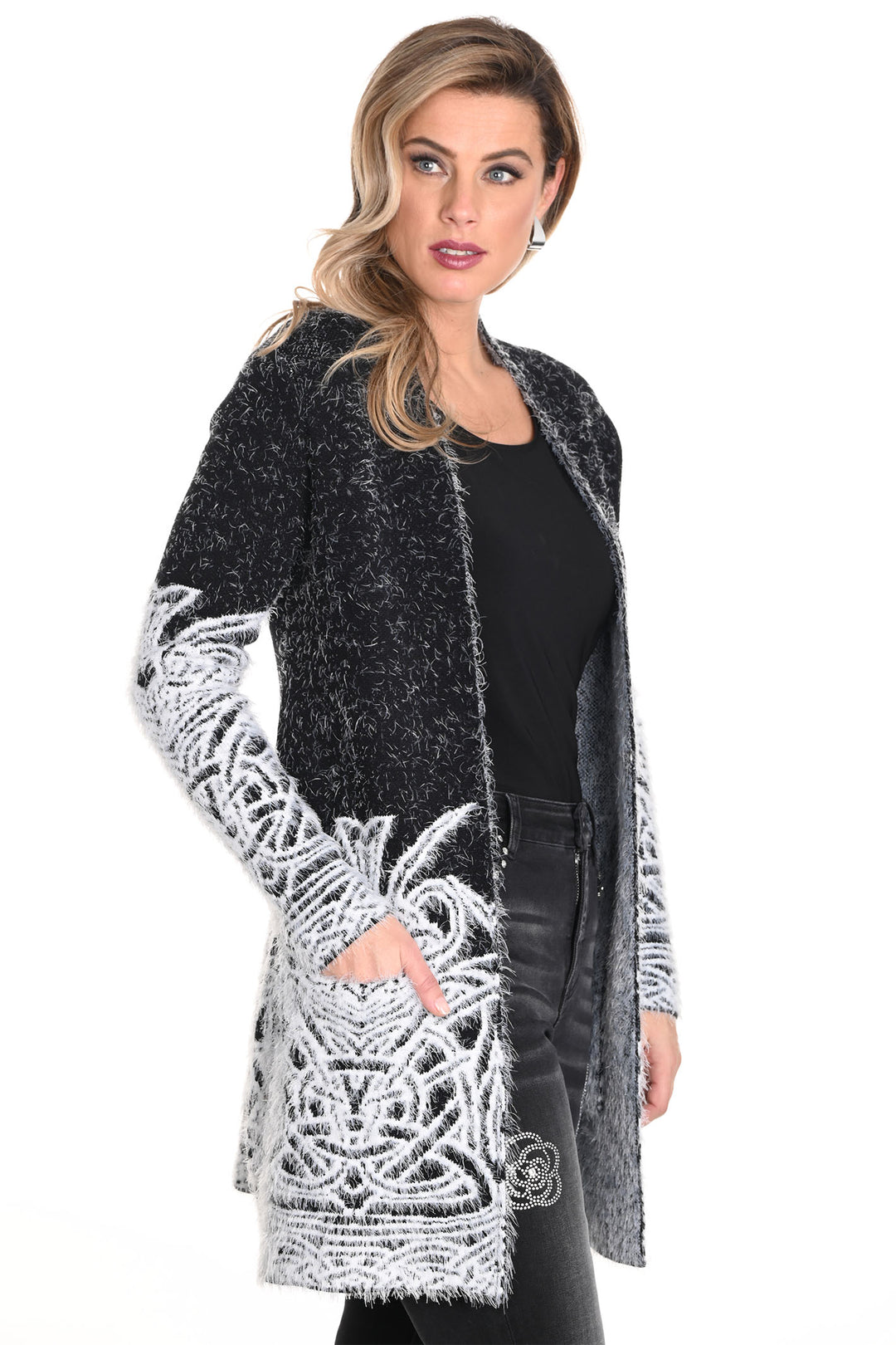 Frank Lyman Cardigan Long Black Off White Open Front 243512U 1004 - Shirley Allum Boutique