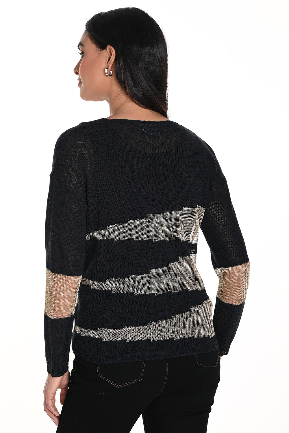 Frank Lyman Jumper Black Gold Fine Knit V-Neck 243443U - Shirley Allum Boutique