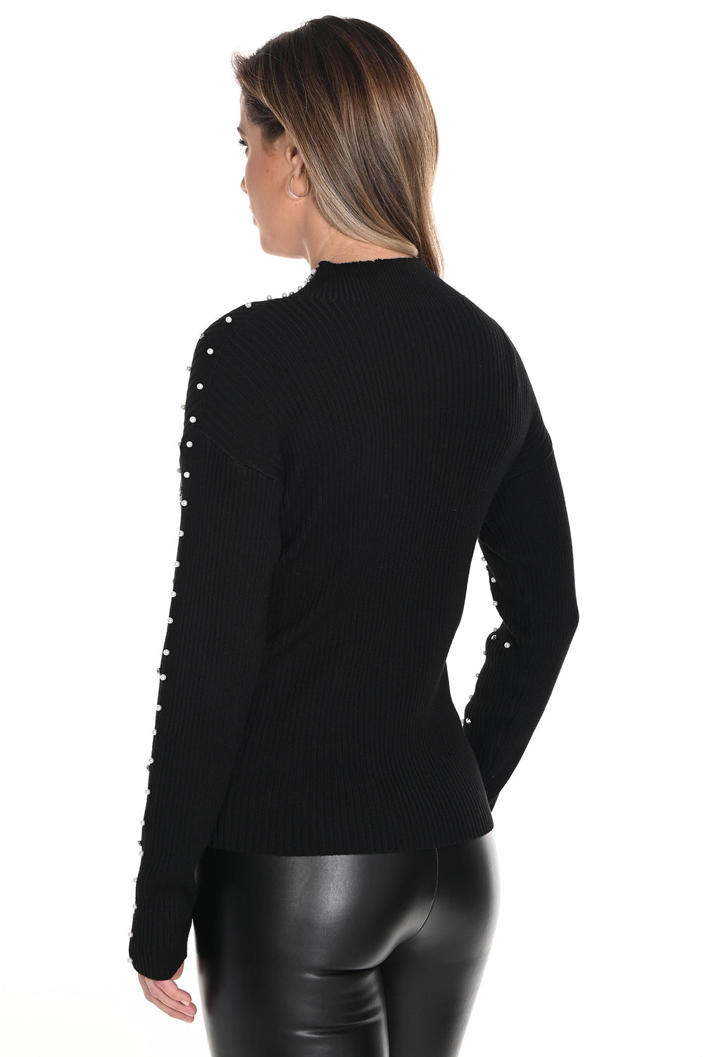 Frank Lyman Jumper Black Mock Turtle Neck Faux Pearl Detail 243499U - Shirley Allum Boutique