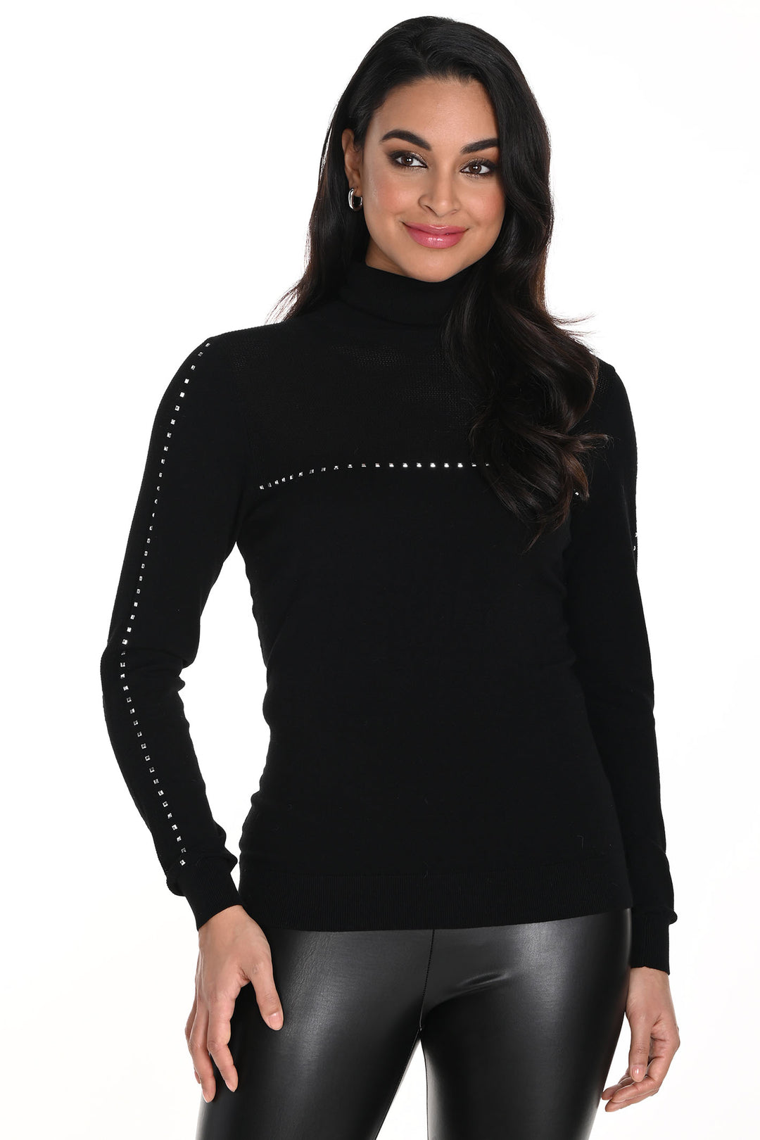 Frank Lyman Polo Neck Jumper Black Stud Detail 243432U 100 - Shirley Allum Boutique