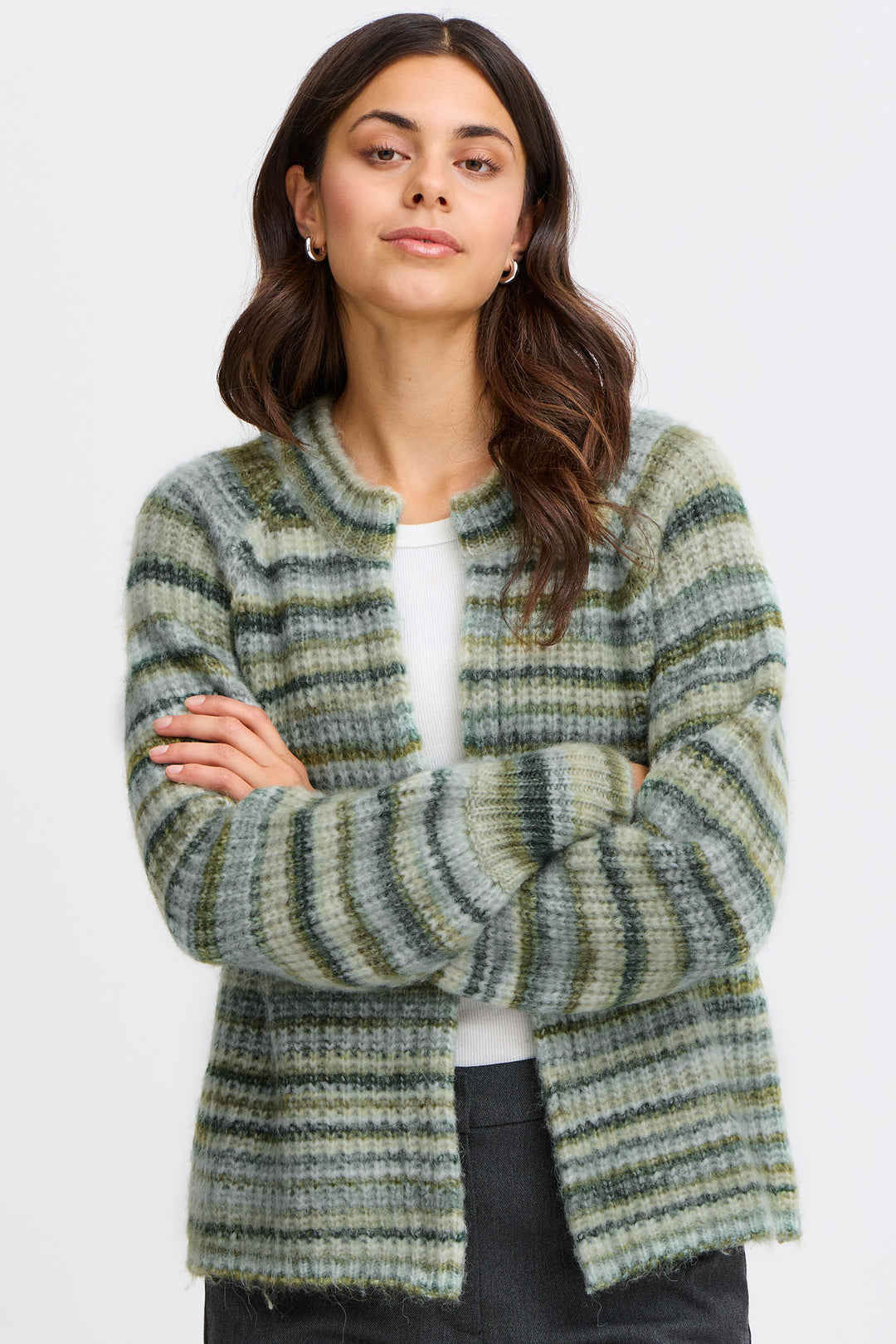 Fransa Frmanny Cardigan Striped Green Laurel Mix 20615056 203526 - Shirley Allum Boutique