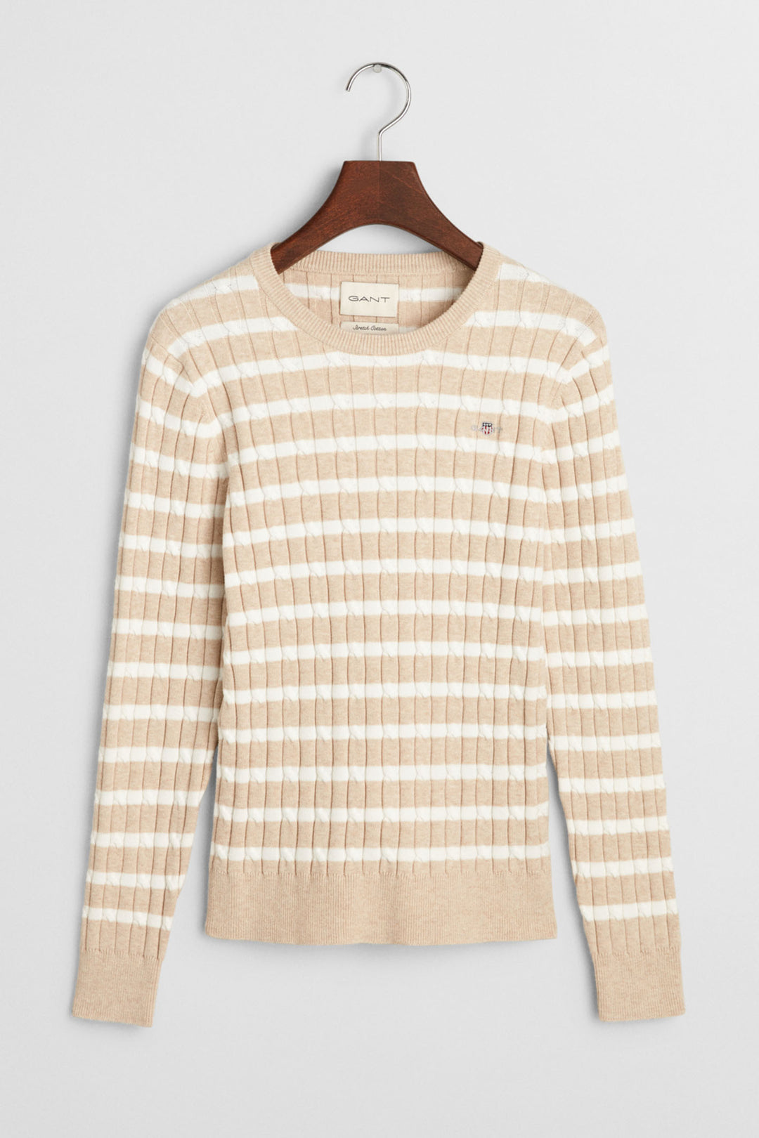 Gant Jumper Crew Neck Stretch Cotton Cable Knit Seed Melange 4800104 299 - Shirley Allum Boutique