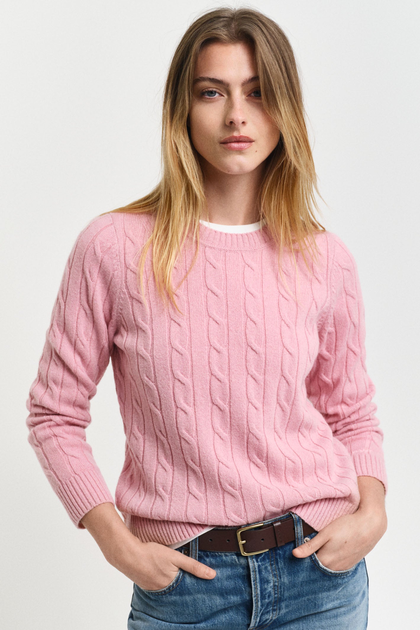 Gant Jumper Lambswool Cable Knit Crew Neck Dusty Pink 4805315