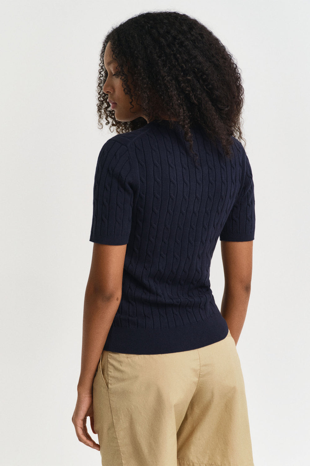 Gant Jumper Short Sleeve Stretch Cotton Cable Knit Evening Blue 4800105 433 - Shirley Allum Boutique