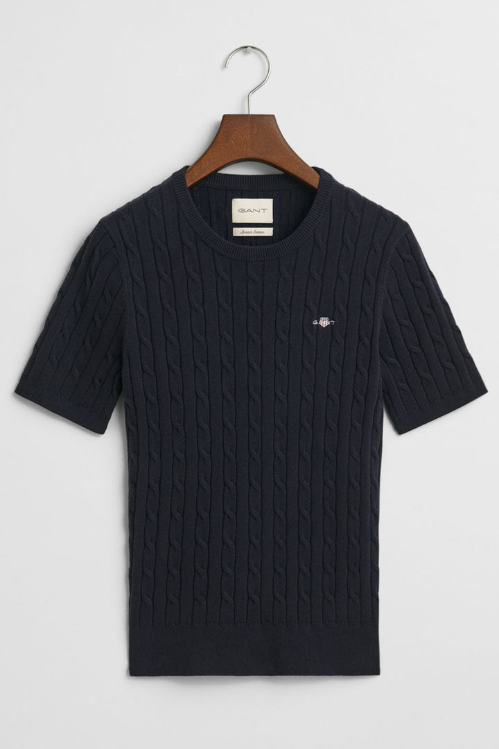 Gant Jumper Short Sleeve Stretch Cotton Cable Knit Evening Blue 4800105 433 - Shirley Allum Boutique