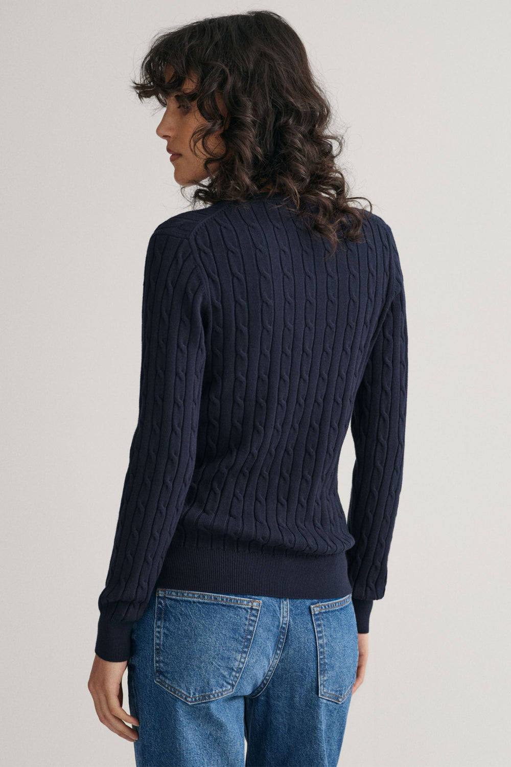 Gant Jumper V-Neck Stretch Cotton Cable Knit Evening Blue 4800101 433 - Shirley Allum Boutique