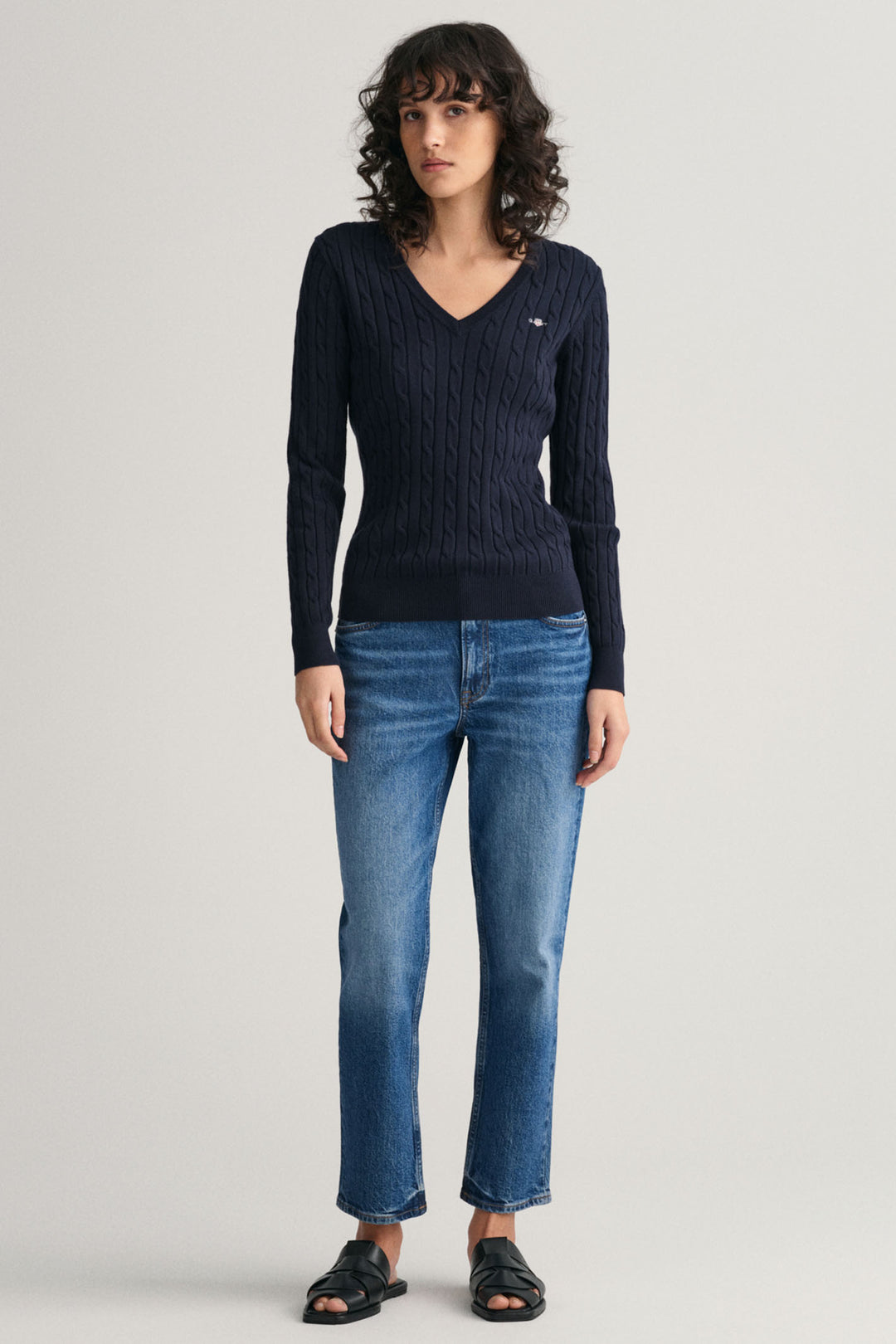 Gant Jumper V-Neck Stretch Cotton Cable Knit Evening Blue 4800101 433 - Shirley Allum Boutique