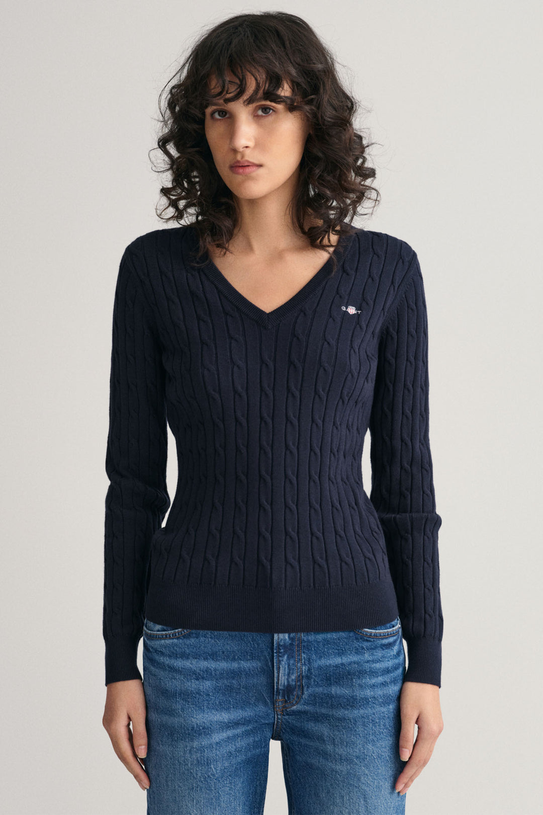 Gant Jumper V-Neck Stretch Cotton Cable Knit Evening Blue 4800101 433 - Shirley Allum Boutique