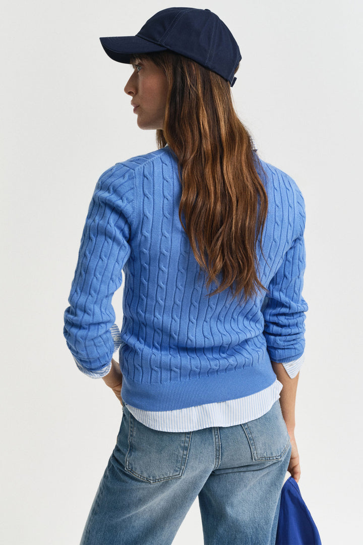 Gant Jumper V-Neck Stretch Cotton Cable Knit Perfect Blue 4800101 419 - Shirley Allum Boutique