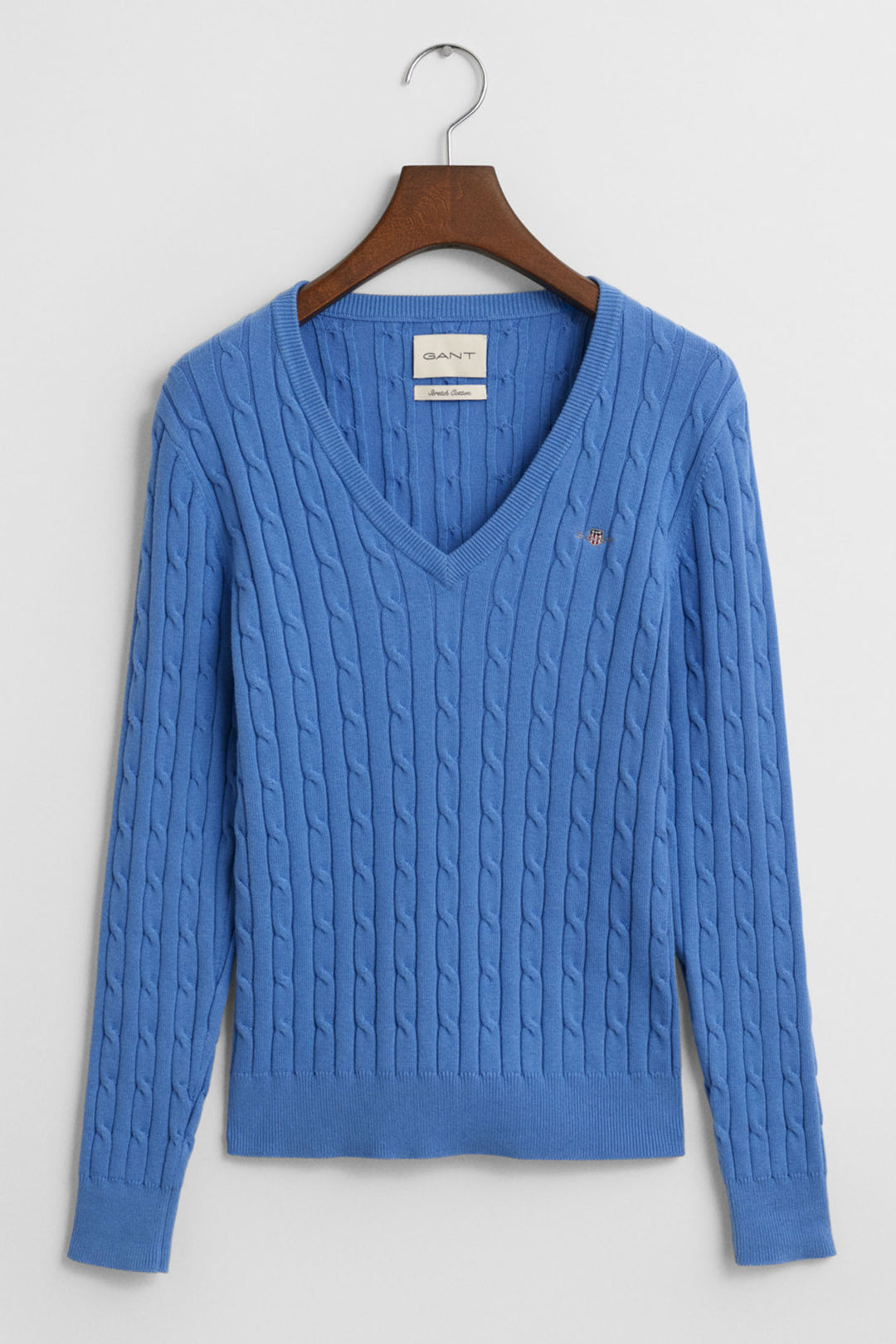 Gant Jumper V-Neck Stretch Cotton Cable Knit Perfect Blue 4800101 419 - Shirley Allum Boutique