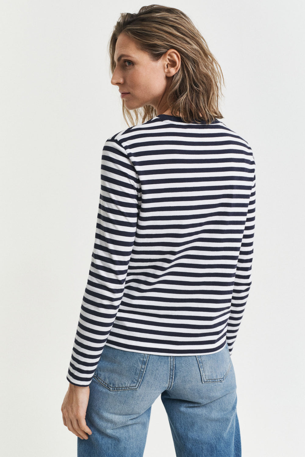 Gant T-Shirt Long Sleeve Reg Striped Shield Evening Blue 4200565 433 - Shirley Allum Boutique