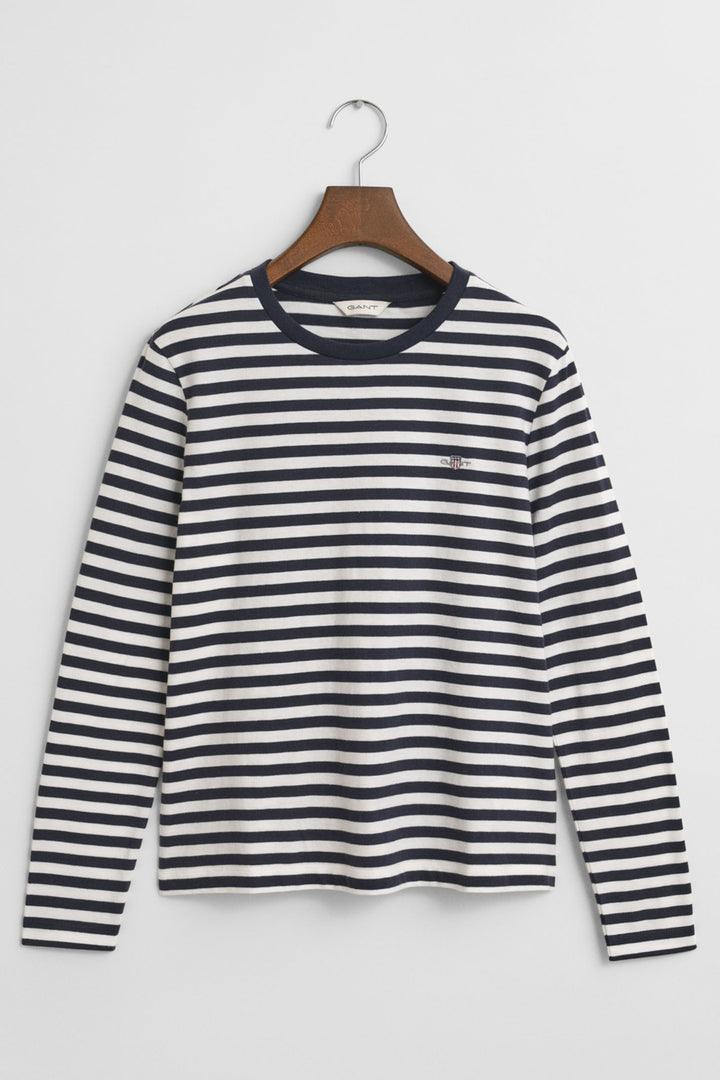 Gant T-Shirt Long Sleeve Reg Striped Shield Evening Blue 4200565 433 - Shirley Allum Boutique