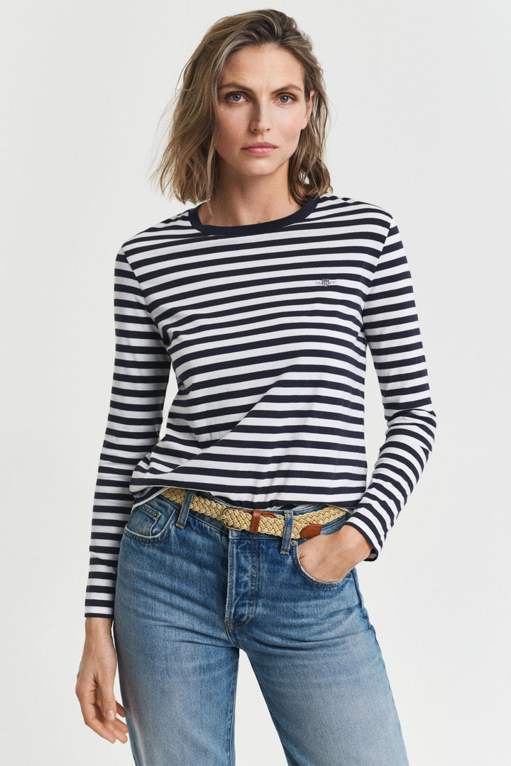 Gant T-Shirt Long Sleeve Reg Striped Shield Evening Blue 4200565 433 - Shirley Allum Boutique