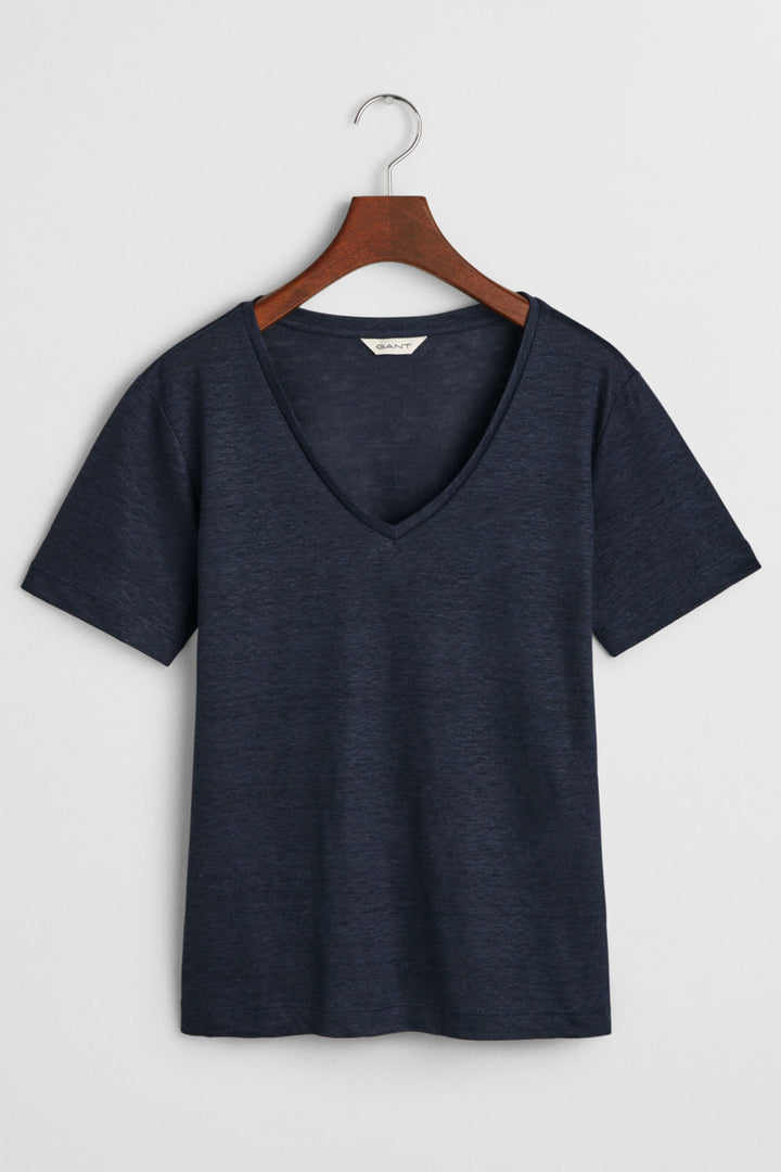 Gant T-Shirt V-Neck Linen Short Sleeve Evening Blue 4200596 433 - Shirley Allum Boutique