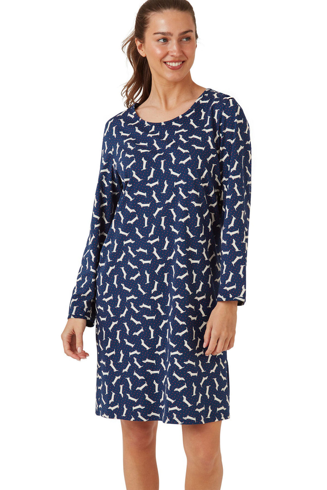 Indigo Sky Dotty Dachshund Knitted Cotton Cosy Nightshirt Navy IN42642 - Shirley Allum Boutique