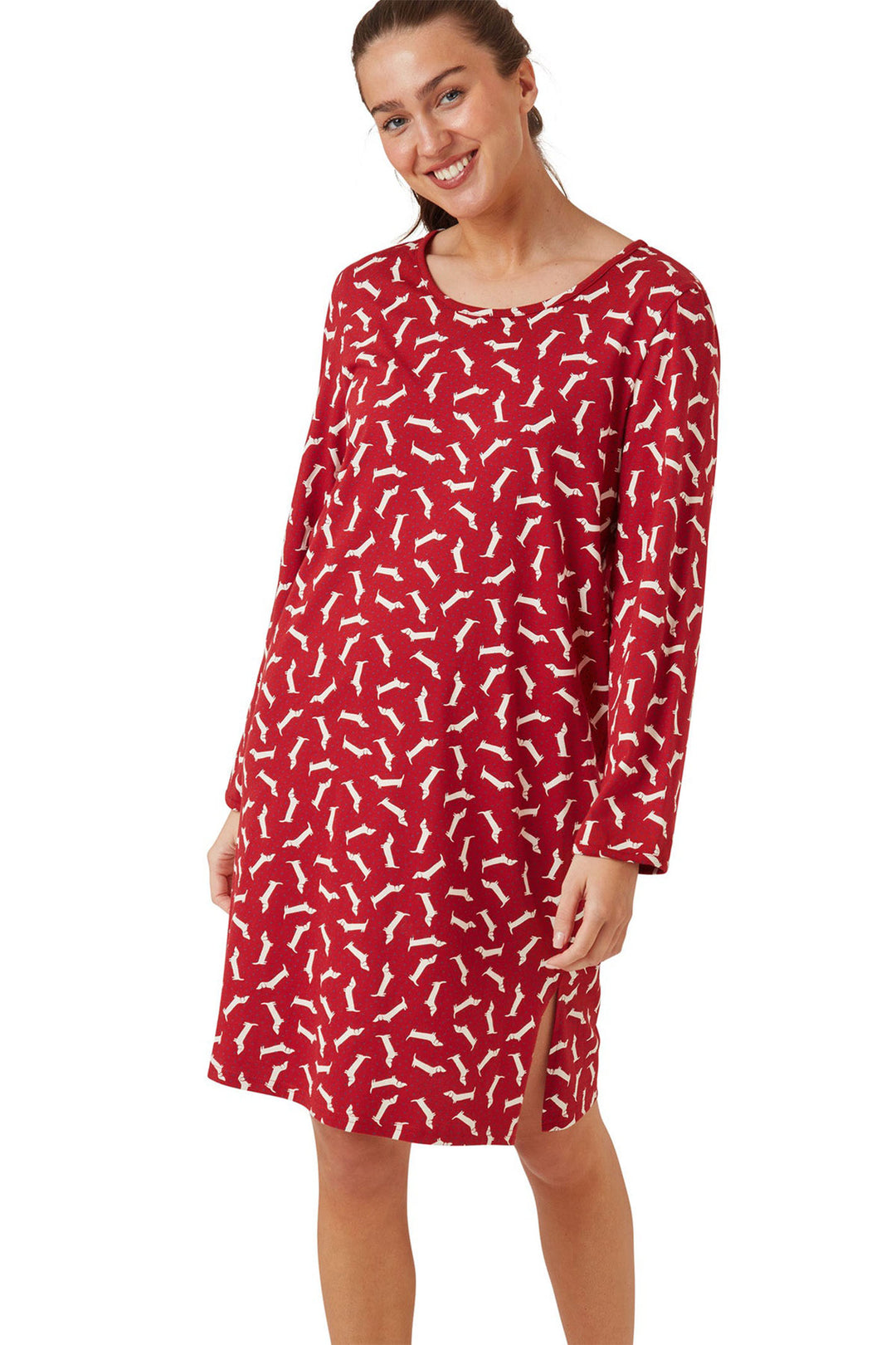 Indigo Sky Dotty Dachshund Knitted Cotton Cosy Nightshirt Red IN42642 - Shirley Allum Boutique