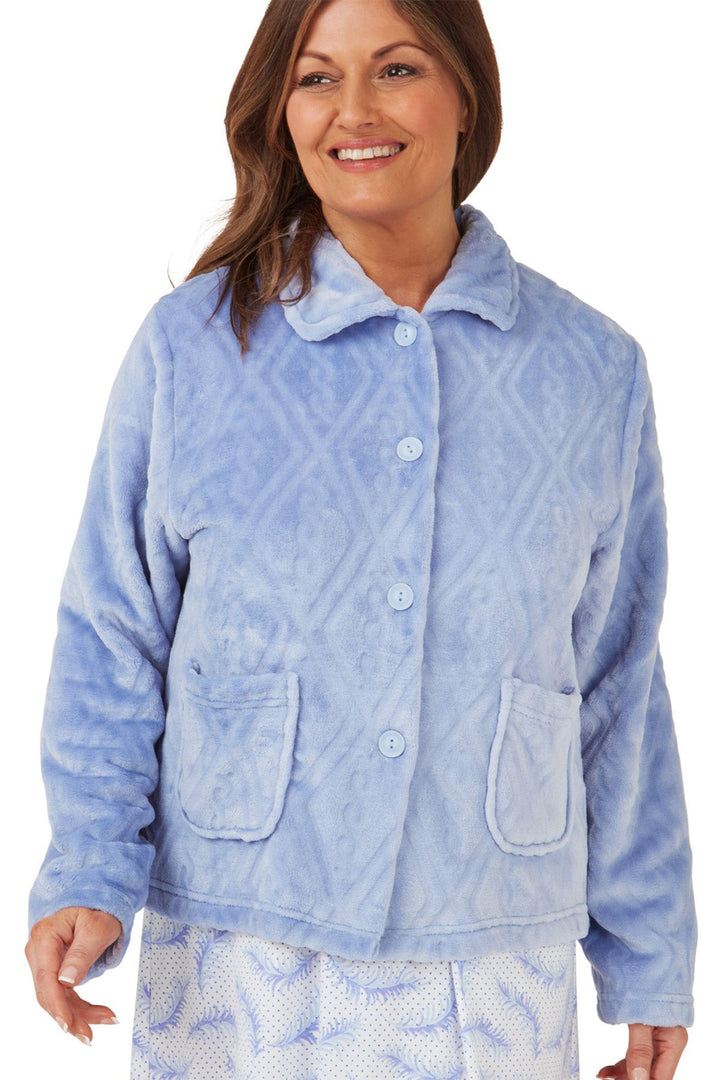 Marlon Diamond Embossed Fleece Bed Jacket Blue MA42473 - Shirley Allum Boutique