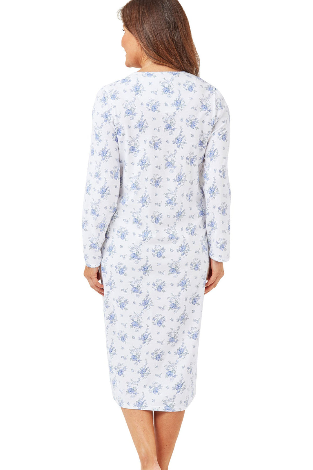 Marlon Nightdress Champagne Floral Long Sleeve Knitted Cotton Blue MA42602 - Shirley Allum Boutique