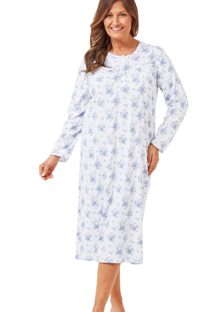 Marlon Nightdress Champagne Floral Long Sleeve Knitted Cotton Blue MA42602 - Shirley Allum Boutique