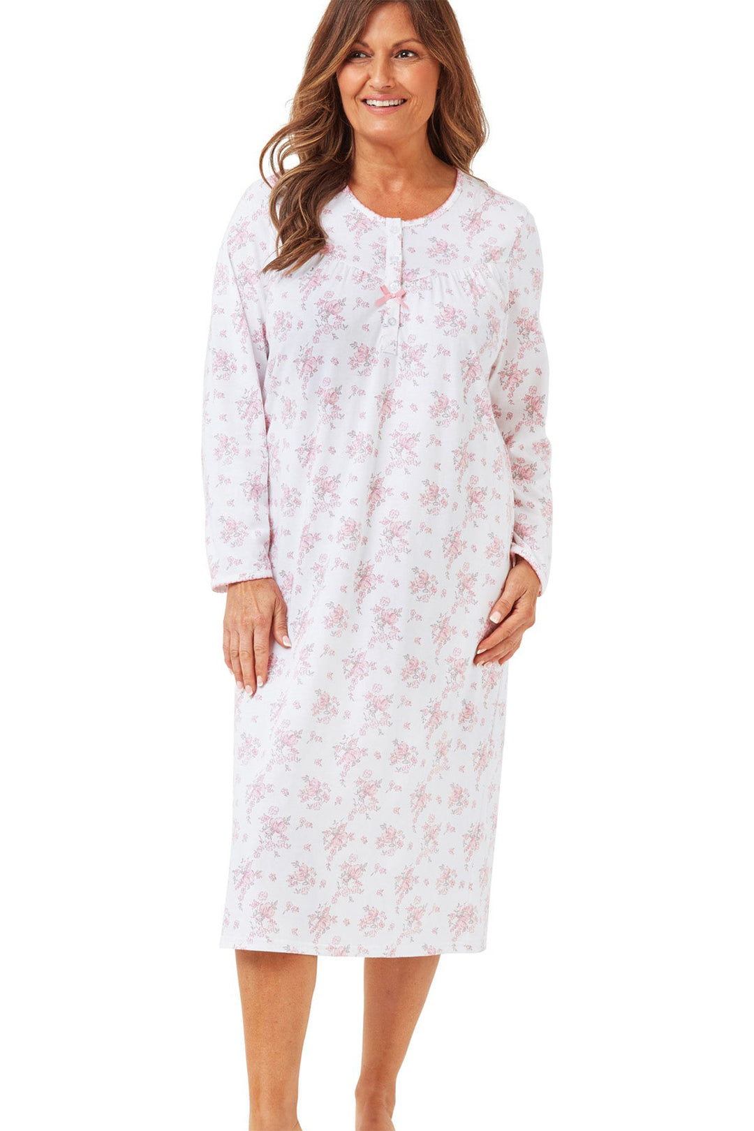 Marlon Nightdress Champagne Floral Long Sleeve Knitted Cotton Pink MA42602 - Shirley Allum Boutique