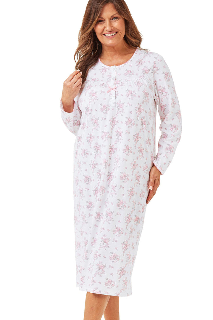 Marlon Nightdress Champagne Floral Long Sleeve Knitted Cotton Pink MA42602 - Shirley Allum Boutique