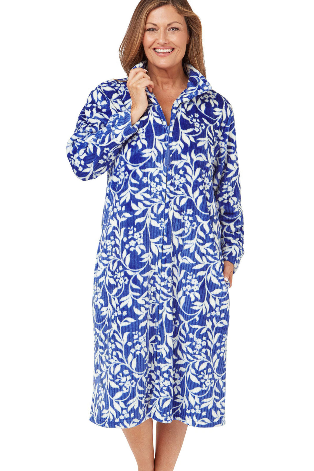 Marlon Robe Housecoat Dusky Blue Floral Fleece Zipper MA42442 - Shirley Allum Boutique