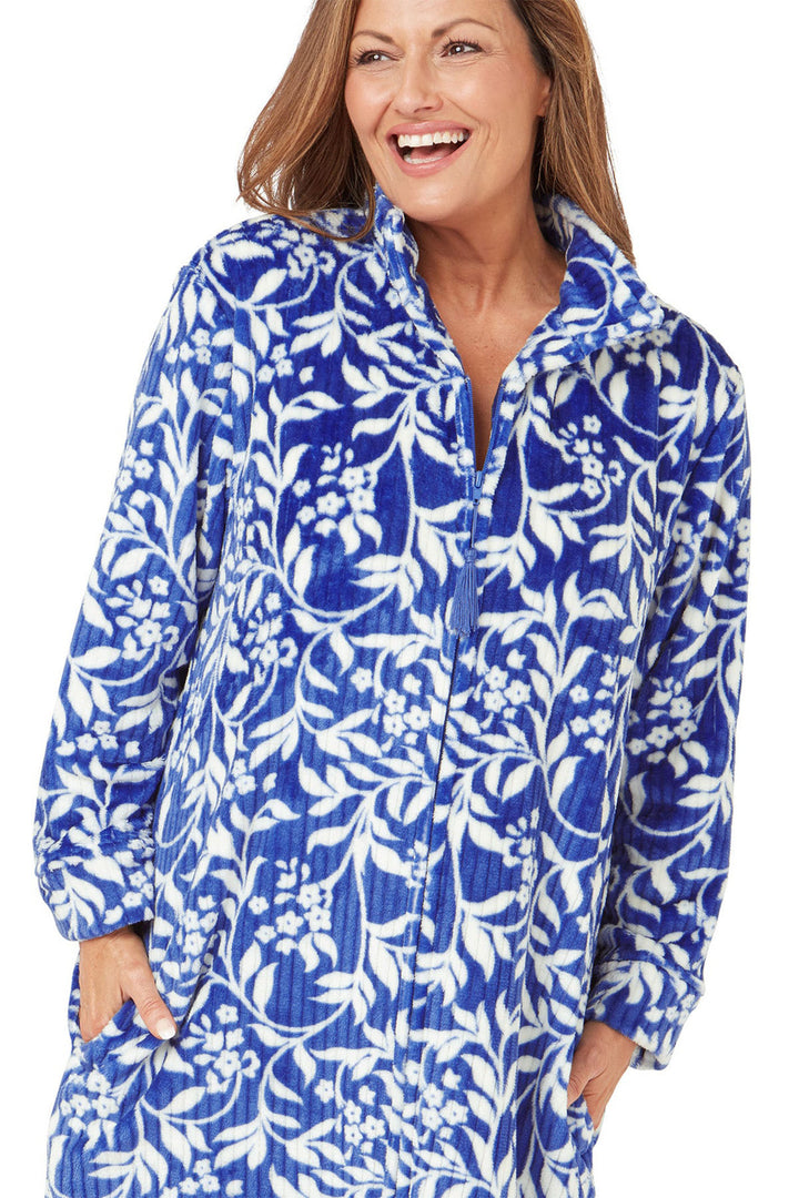 Marlon Robe Housecoat Dusky Blue Floral Fleece Zipper MA42442 - Shirley Allum Boutique