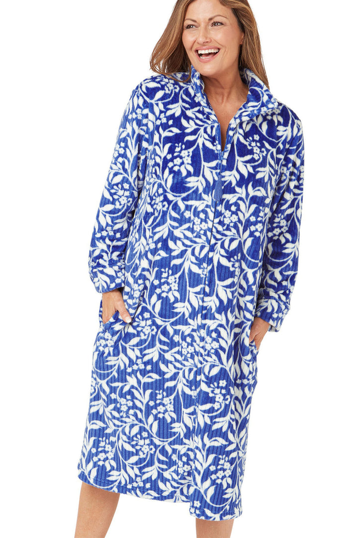 Marlon Robe Housecoat Dusky Blue Floral Fleece Zipper MA42442 - Shirley Allum Boutique