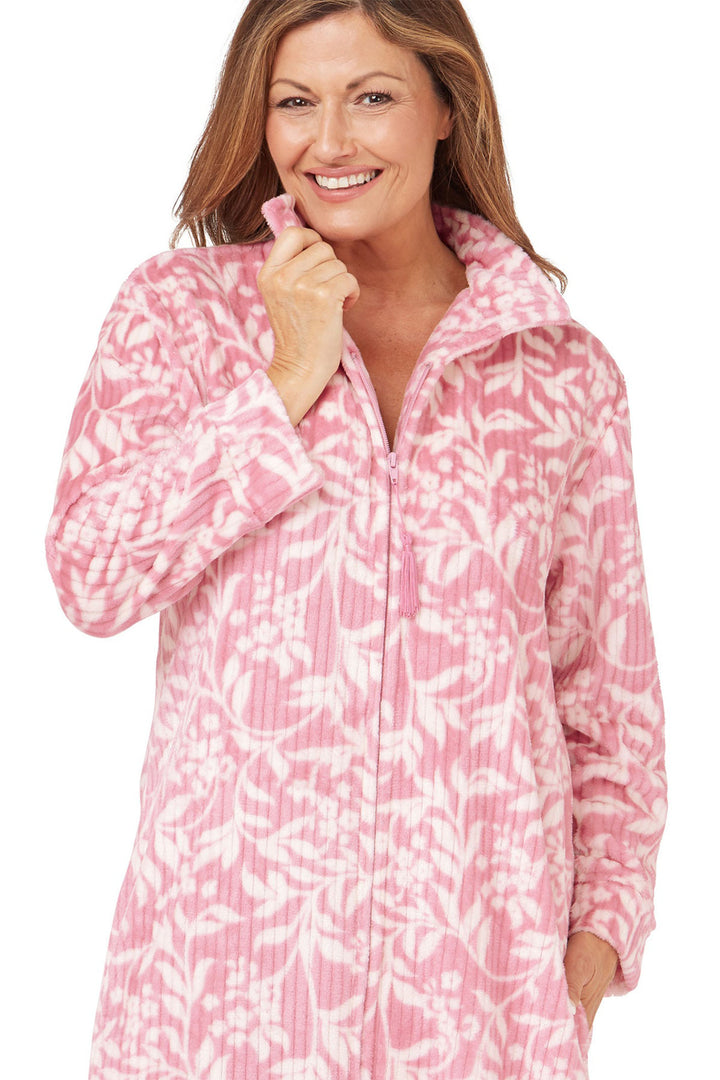 Marlon Robe Housecoat Dusky Pink Floral Fleece Zipper MA42442 - Shirley Allum Boutique