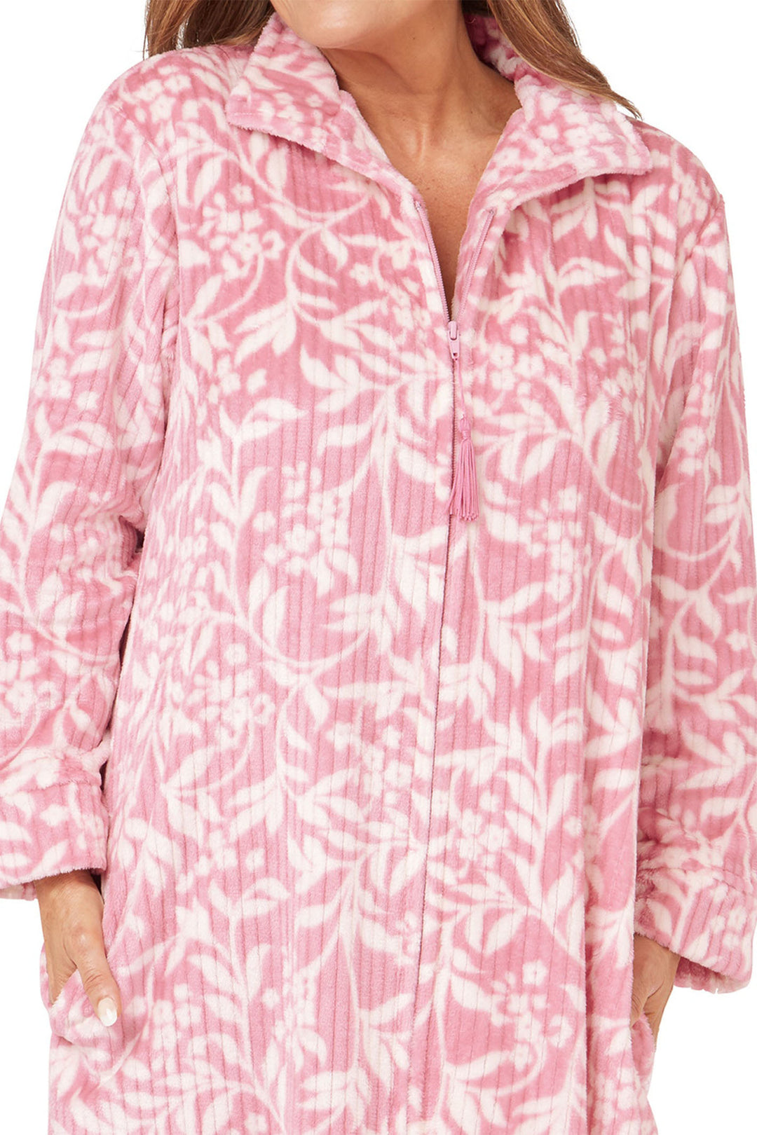 Marlon Robe Housecoat Dusky Pink Floral Fleece Zipper MA42442 - Shirley Allum Boutique