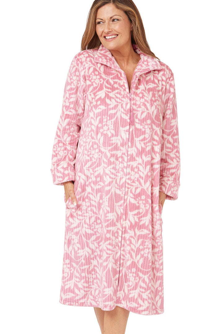 Marlon Robe Housecoat Dusky Pink Floral Fleece Zipper MA42442 - Shirley Allum Boutique