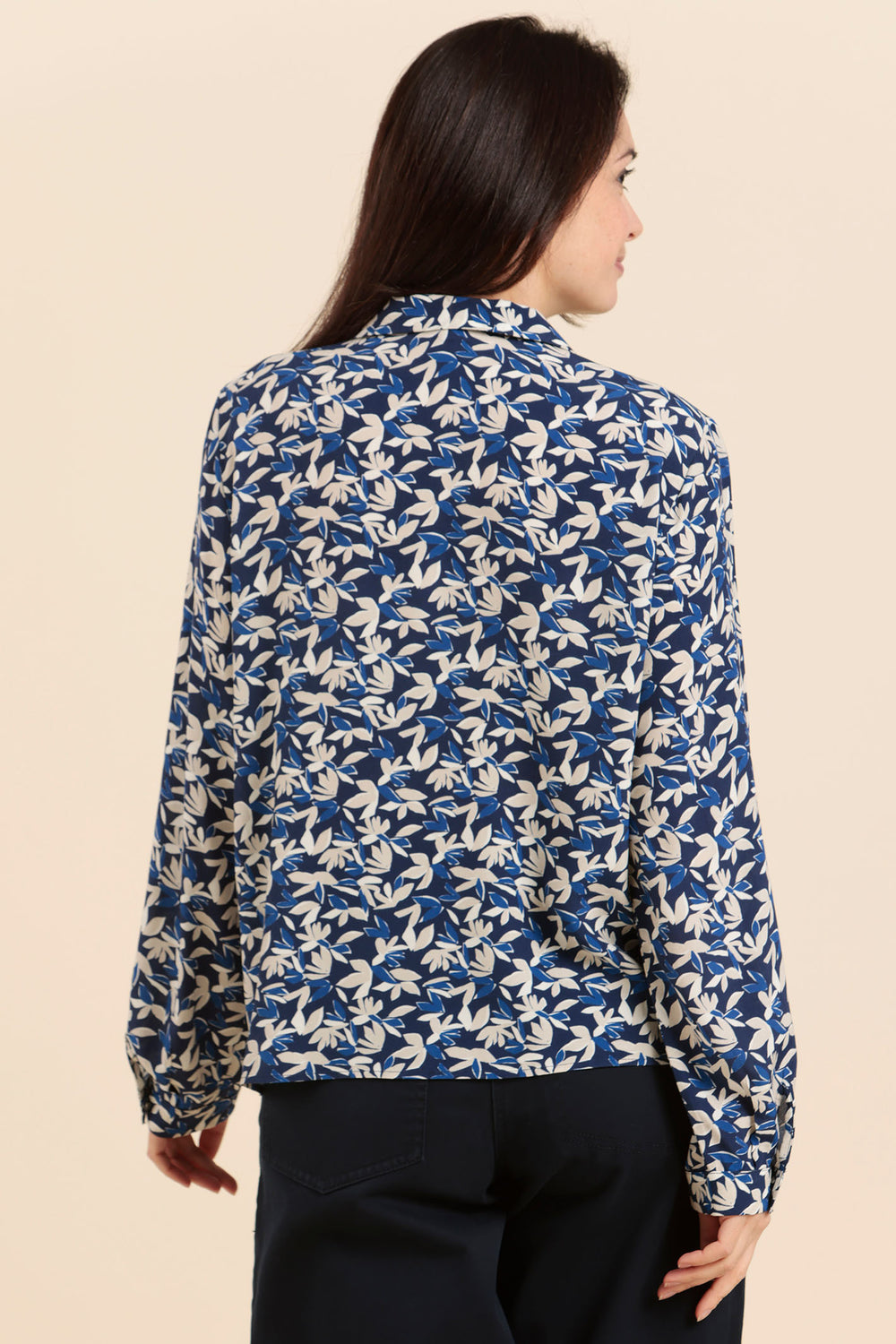 Mat De Misaine Blouse Leaf Print Navy Cream Catba ML-2917HE I63 - Shirley Allum Boutique