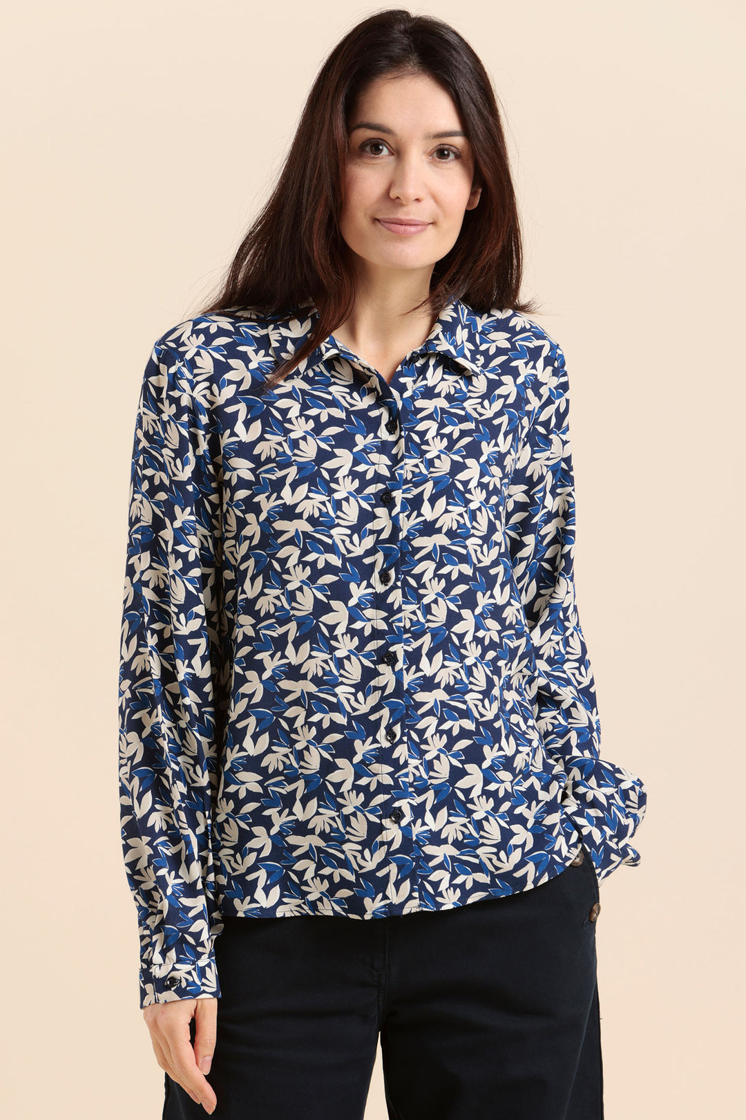 Mat De Misaine Blouse Leaf Print Navy Cream Catba ML-2917HE I63 - Shirley Allum Boutique