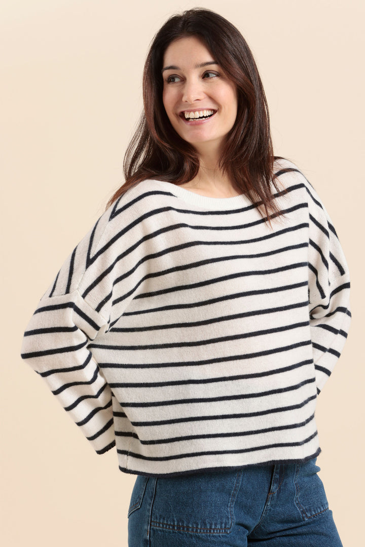 Mat De Misaine Jumper Striped Boat Neck Raye Cream Navy Taki 500R 1521 - Shirley Allum Boutique