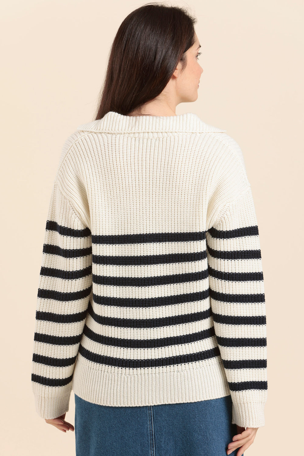 Mat De Misaine Jumper Striped Split Neck Cream Navy Tanguy-506R 1523 - Shirley Allum Boutique